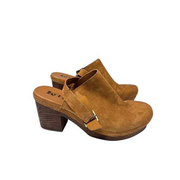 Korks Womens Tan Suede Platform Block Heel Mules With Adjustable Strap - Picture 6 of 10